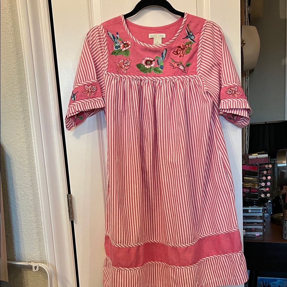 Bechamel Pink Striped Dress with Floral Embroidery.